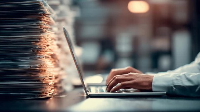 Office worker types on laptop while surrounded by piles of paperwork in a busy workspace during late afternoon