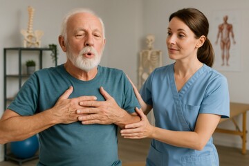 Elderly man engaging in breathing exercises under the guidance of a healthcare professional in a medical office setting, focusing on wellness