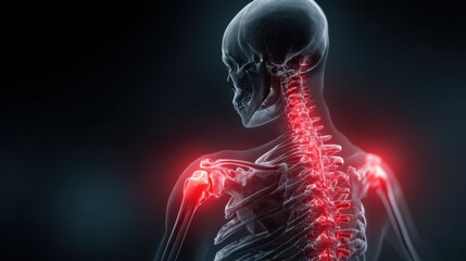 Human skeletal system with red highlighted areas of inflammation.