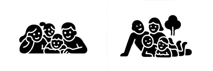 Black glyph icon set depicting family togetherness and outdoor leisure with parents and children relaxing in a park setting