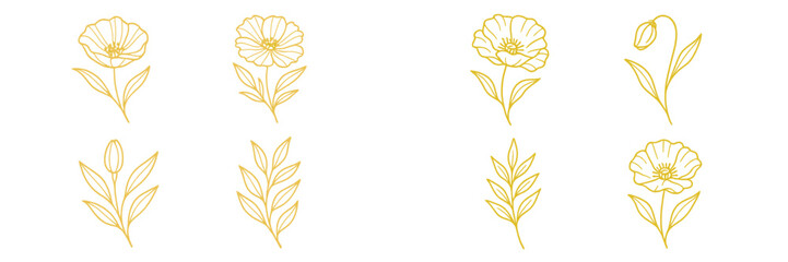 Collection of elegant golden floral line art elements with flowers and leaves for luxury branding and wedding invitations