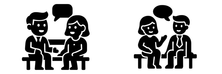 Black glyph icon set of a man and woman sitting on a bench having a conversation with speech bubbles for business communication or personal discussion