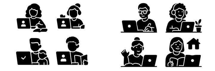 People using laptops for remote work and online learning from home, representing concepts of studying and freelancing