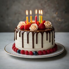 Festive birthday cake with lit candles and colorful sprinkles isolated on transparent background