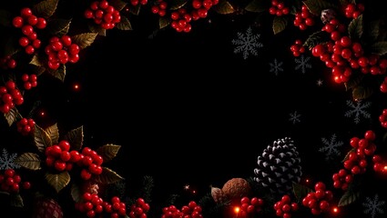 Dark Christmas scene border, glowing red holly berries, white snowflakes twinkling, pinecones in shadow, clear center-left