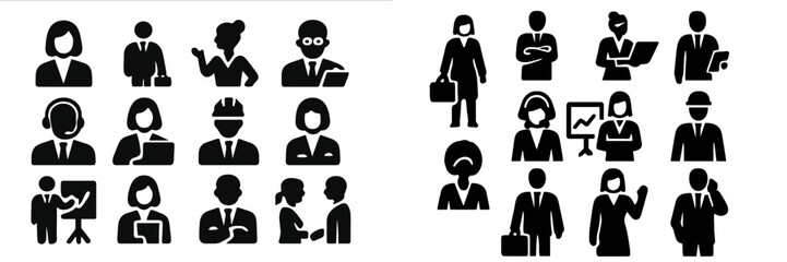 Collection of black glyph icons representing business people, office workers, managers, and corporate professionals in various work situations