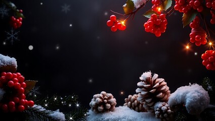 Dark Christmas scene border, glowing red holly berries, white snowflakes twinkling, pinecones in shadow, clear center-left