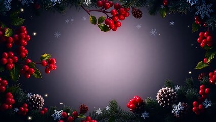 Dark Christmas scene border, glowing red holly berries, white snowflakes twinkling, pinecones in shadow, clear center-left