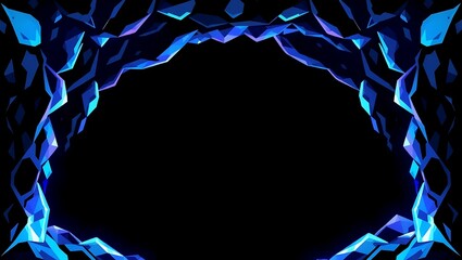 Crystal cavern-themed pixel frame, faceted edges, blue-purple glow, vector border with clear center