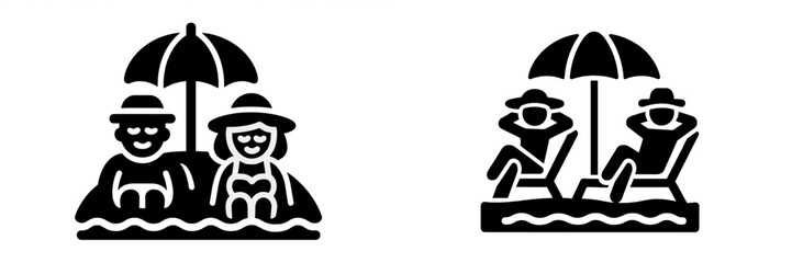 Black glyph icons of a couple on a summer beach vacation relaxing in the water and on lounge chairs under an umbrella