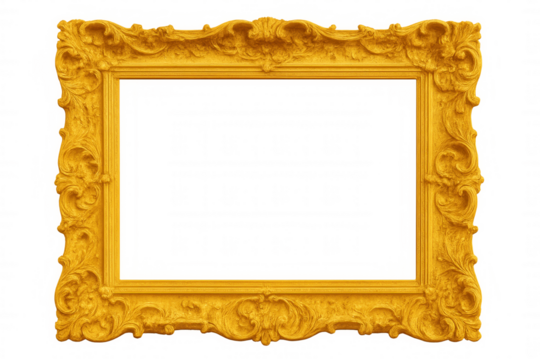 Elegant golden frame with intricate details, perfect for showcasing artwork or photos on a transparent background