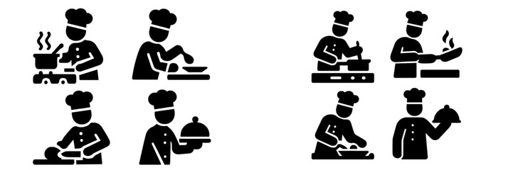 Professional chef and kitchen staff cooking actions icon set with glyphs for food preparation and restaurant service
