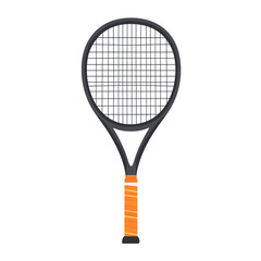 Black tennis racket with orange grip on white background