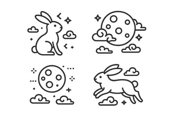 Minimalist line art icons of the moon rabbit and full moon for Mid-Autumn Festival celebrations and Asian folklore designs