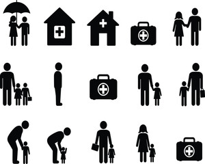 Family healthcare icons set, medical insurance, emergency kit, parent with child, hospital home service, health protection vector, safe care illustration