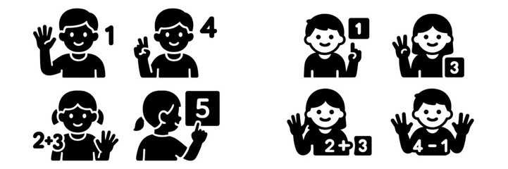 Black glyph icon set of children learning math and counting with fingers for early education, preschool, and elementary school lessons
