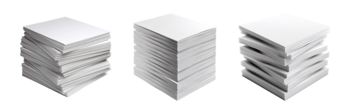 collection of three medium stacks of white blank sheets of paper for printing stationery and office documentation use png transparent background