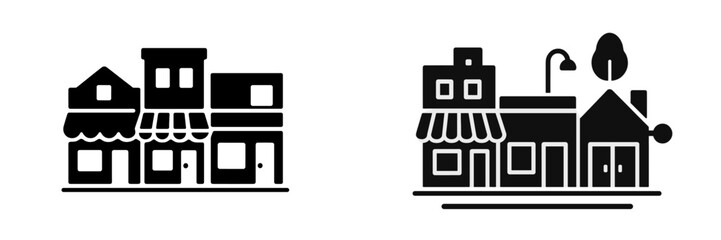 Set of black and white storefront icons representing a small town main street with various building facades and shops