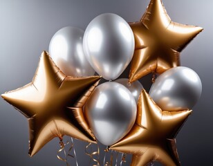 silver and gold balloons star matte on a white background