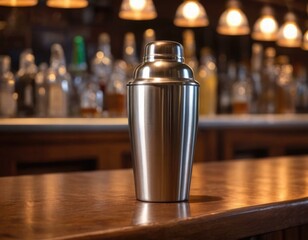 bar shaker tin stands on the bar counter