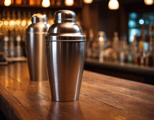 bar shaker tin stands on the bar counter