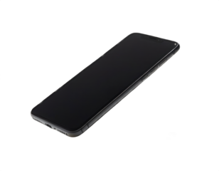 A modern smartphone with a glare of light on a transparent background