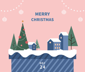 Christmas illustration card template with christmas tree and gift box.
