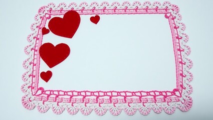 Cute and festive Valentine design with stitched red hearts, crochet lace border in pink and ivory, open white space in the middle, handmade craft aesthetic