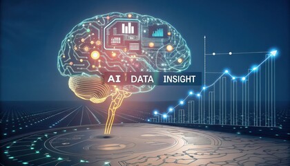 Artificial intelligence brain with data insight and graph in dark blue tone