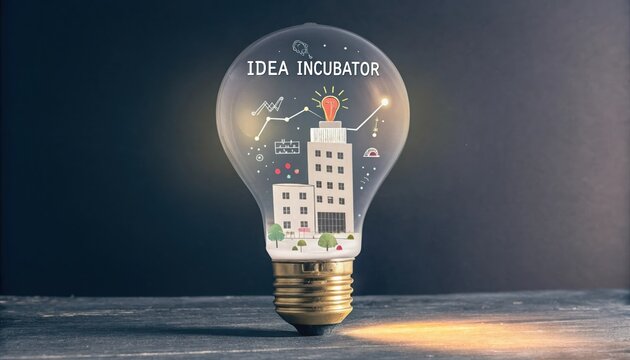 A light bulb with a building inside represents the idea incubator concept