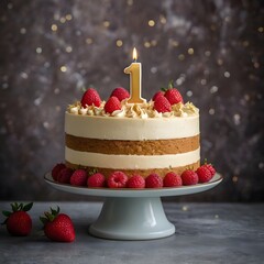 Festive birthday cake with lit candles and colorful sprinkles isolated on transparent background