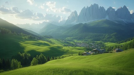 Naklejka premium Green meadow with a house in mountains. A realistic video journey through meadows. Valleys of the selva dolomites and the tyrol wolfenstein south. The lush field featuring a lifestyle house in the.