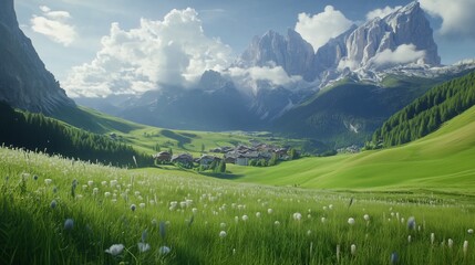 Obraz premium Green meadow with a house in mountains. A realistic video journey through meadows. Valleys of the selva dolomites and the tyrol wolfenstein south. The lush field featuring a house lifestyle in the.