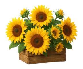 Arrangement of mixed sunflowers in a wooden crate