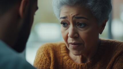 An older woman looking at man. Video of male senior woman talking to female biracial man in video. Friend living with a senior living in a shallow depth of support. A mature woman lifestyle gazing at.