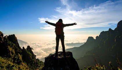 Silhouette of hiker on mountain summit