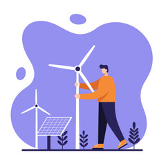 Fototapeta premium Man embracing sustainable energy, utilizing wind turbines and solar panels for a greener future. Concept of renewable power and environmental responsibility for business and lifestyle.