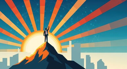 Visionary Leader Achieving Success on Mountain Top at Sunrise Over City.