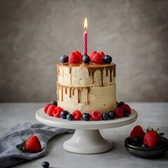 Festive birthday cake with lit candles and colorful sprinkles isolated on transparent background