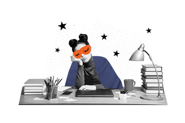 Composite artwork collage image picture of girl fell asleep desk isolated on creative background