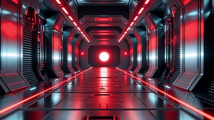 Futuristic red illuminated corridor interior with glowing lights and metallic structure in modern science fiction - Powered by Adobe
