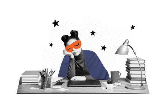 Composite artwork collage image picture of girl fell asleep desk isolated on creative background