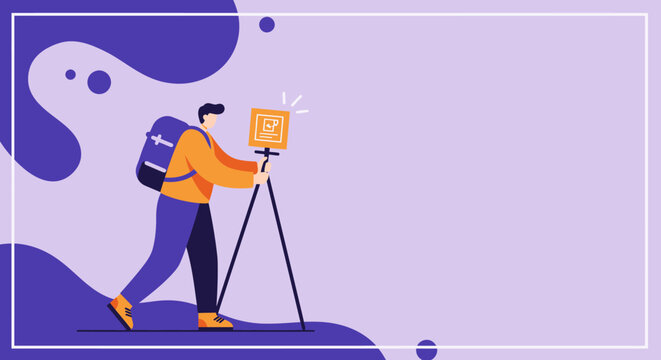 Travel photographer with a backpack and tripod camera, capturing moments. Ideal for concepts of adventure, content creation, or professional photography services. - Powered by Adobe