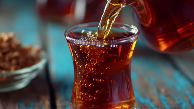 Turkish tea is poured into a glass. Filmed on a high-speed camera