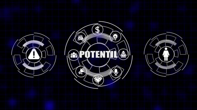 Business potential concept with icons for finance teamwork innovation danger and success on