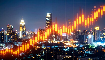 Night cityscape with financial chart overlay