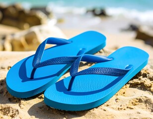 Bright blue flip-flops on sandy beach