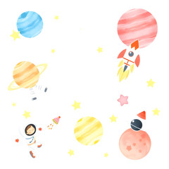 Colorful illustration of space with planets, rockets, stars, and astronauts, perfect for children's projects