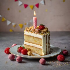 Festive birthday cake with lit candles and colorful sprinkles isolated on transparent background