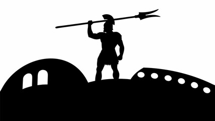 Naklejka premium Silhouette of a warrior with spear on a hill with building and wall in black and white illustration